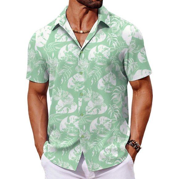 Men's Tropical Hawaiian Shirt Green Leaf Print Button Down Short Sleeve Casual - Picture 1 of 6